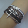 Браслет кожаный с металлической вставкой: Jesus, Believe, Крест /разные цвета/