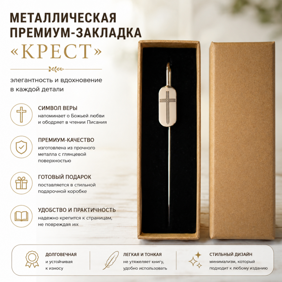 Металлическая премиум закладка в подарочной коробке "КРЕСТ" /серебро/