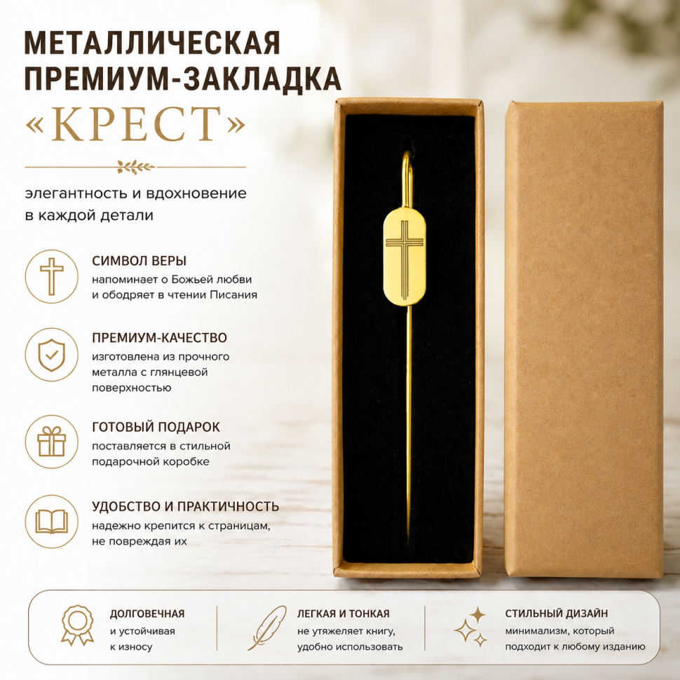 Металлическая премиум закладка в подарочной коробке "КРЕСТ" /золото/