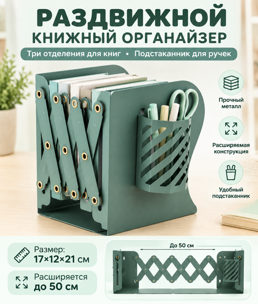 КНИЖНЫЙ ОРГАНАЙЗЕР РАЗДВИЖНОЙ /Темно-зеленый цвет/