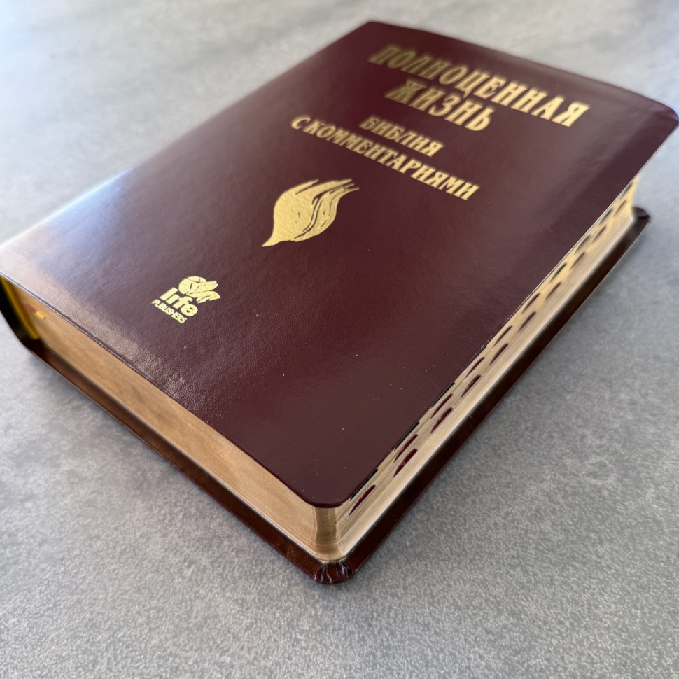 БИБЛИЯ С КОММЕНТАРИЯМИ 065 TI. "Полноценная жизнь". Коричневый цвет с оттенком бордо, кожа, глянец, индексы, две закладки, цветные карты /220х170/