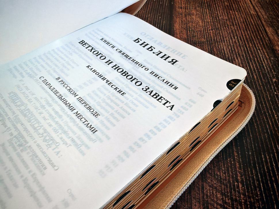 БИБЛИЯ 048 Z. Бежевая, кожаный переплет, молния, золотой обрез, параллельные места, крупный шрифт, синодальный перевод /180х120/
