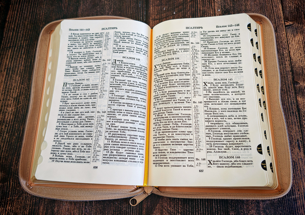 БИБЛИЯ 048 Z. Бежевая, кожаный переплет, молния, золотой обрез, параллельные места, крупный шрифт, синодальный перевод /180х120/