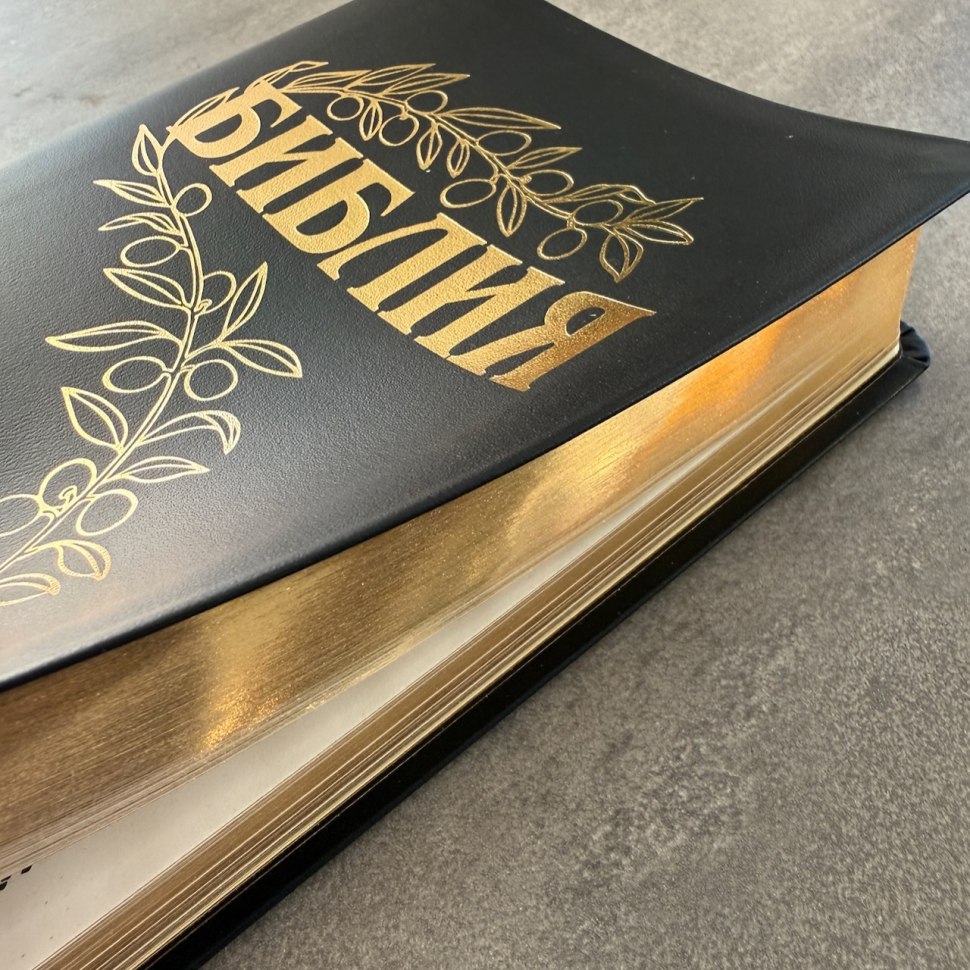 БИБЛИЯ ГЕЦЕ 057 Черный цвет гладкий, кожа, золотой срез, цветные карты, две закладки, приложение Библейский спутник /215х140/