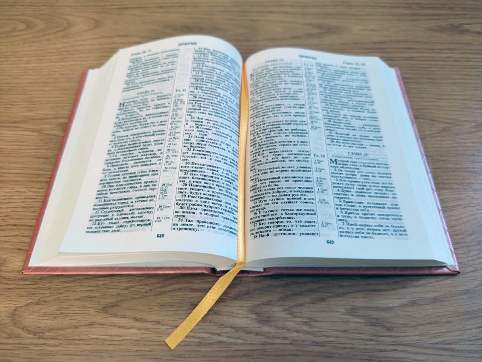 БИБЛИЯ КАНОНИЧЕСКАЯ 043 формат. Винил 3D, дизайн "колос", надпись "Библия", розовая, твердый переплет, параллельные места, синодальный перевод /170х110/