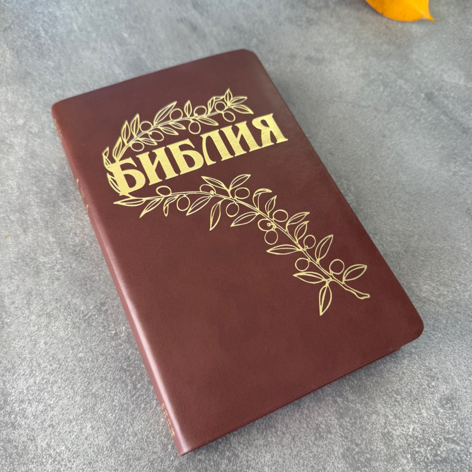 БИБЛИЯ ГЕЦЕ 057 Коричневый цвет гладкий, кожа, золотой срез, цветные карты, две закладки, приложение Библейский спутник /215х140/