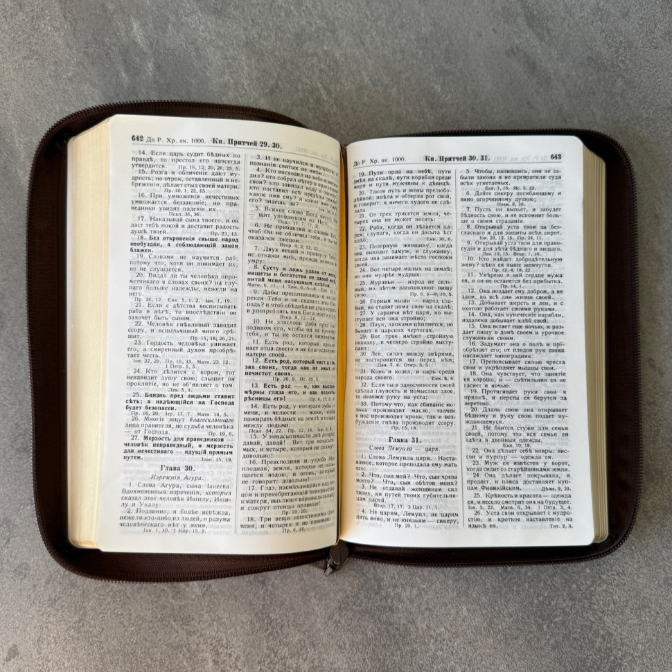 БИБЛИЯ ГЕЦЕ 057 Z Темно-коричневый цвет пятнистый, кожа, молния, золотой срез, цветные карты, две закладки, приложение Библейский спутник /220х145/