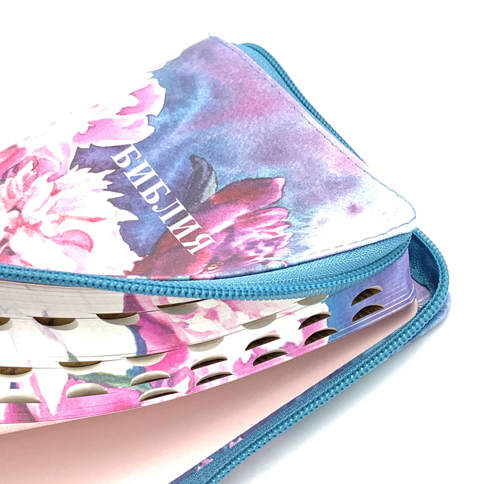 БИБЛИЯ 055 ZTI Пионы, искусственная кожа, молния, индексы, две закладки, цветной срез, параллельные места, крупный шрифт /145х220/